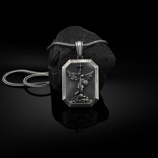 

pendant necklaces angel guardian tag men's gothic punk style old retro european and american necklace long sweater chain wholesale, Silver