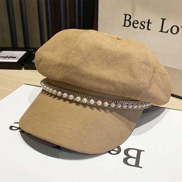 

stingy brim hats 2021 fashion spring and autumn octagonal women aesthetic pearl chain solid british beret trend street wear decorate cap, Blue;gray