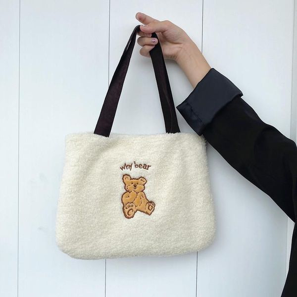 

evening bags winter faux lamb wool shoulder bag for women cute soft plush female furry underarm cartoon bear colllege girls handbags