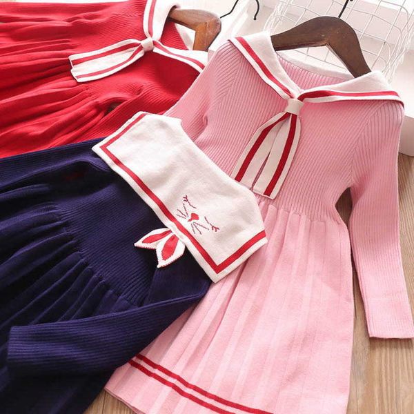 

cartoon rabbit sailor collar girls dress winter knitted cotton preppy style baby kids clothes 2-10y e3232 210610, Red;yellow