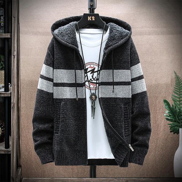 

men's sweaters velvet 2021 hooded cardigan autumn thick korean with knitted sweatercoats patchwork jacket male -3xl clothes men, White;black