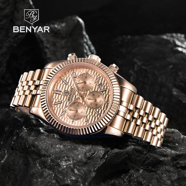 

wristwatches benyar gold men's watches 2021 quartz watch for men chronograph stainless steel sport waterproof reloj hombre, Slivery;brown