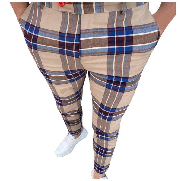 

men's pants casual plaid skinny pencil winter zipper elastic waist classic male business social formal trousers, Black