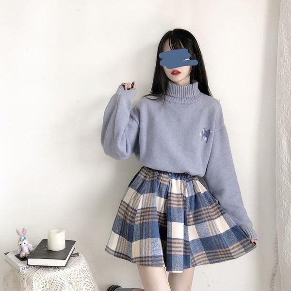 

kawaii harajuku vintage woolen plaid skirts women clothes 2021 style high-waisted a- line pleated puffy short skirt sheath, Black