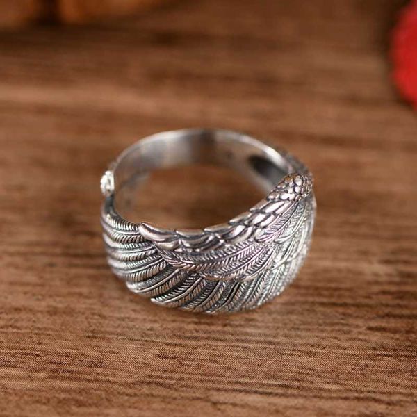 

cluster rings real 925 sterling silver hand jewelry retro thai feather men's and women's ring exquisite commemorative gift, Golden;silver
