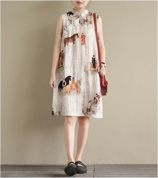 

chinese dress sleeveless women long cheongsam linen qipao traditional vestido ethnic clothing, Red