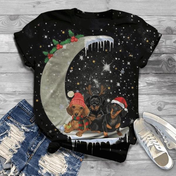 

women's blouses & shirts oversize loose blouse christmas summer moon dog xmas printing short sleeve pullover casual streetwear, White