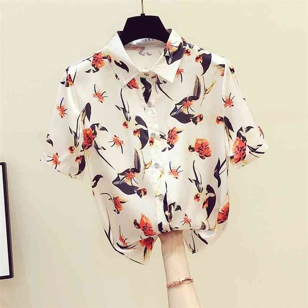 

summer elegant women's turn down collar short sleeves print silk shirts girls ladies shirt blouse a3519 210519, White