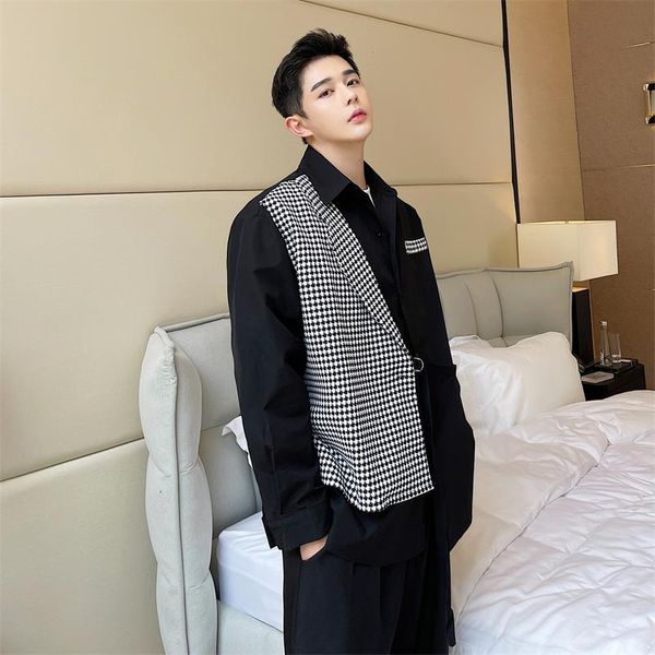 

men's casual shirts korean version of high-grade color contrast suit collar design sense minority shirt fake two ins ruffian handsome h, White;black
