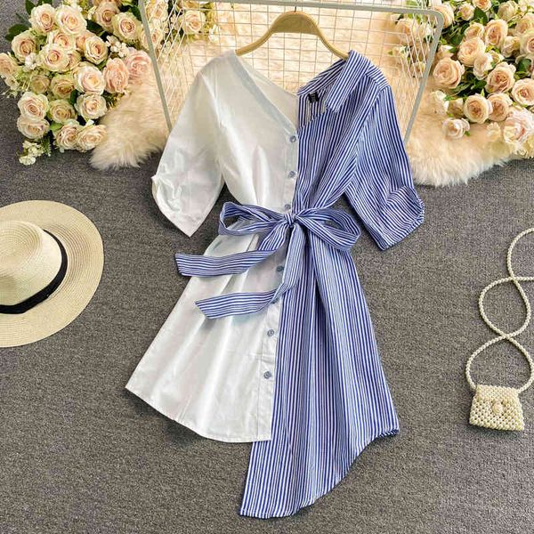 

casual dresses summer women's mid-length shirt skirt fashion loose stitching striped irregular dress short sleeves 0kjg, Black;gray