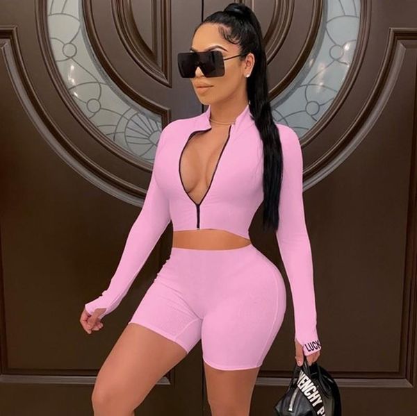 

autumn two piece sets outfits women tracksuits long sleeve crop and shorts set sportwear casual pink, Gray