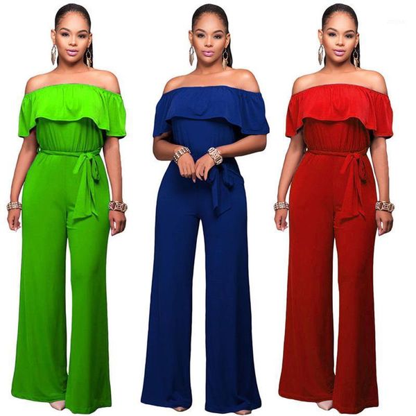 

two piece dress bnwige women set lotus leaf collar jumpsuit short-sleeved off-shoulder beach slim elastic waist trousers, White