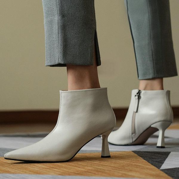 

boots women genuine leather ankle pointed toe zipper fall fashion dress black red beige short woman booties