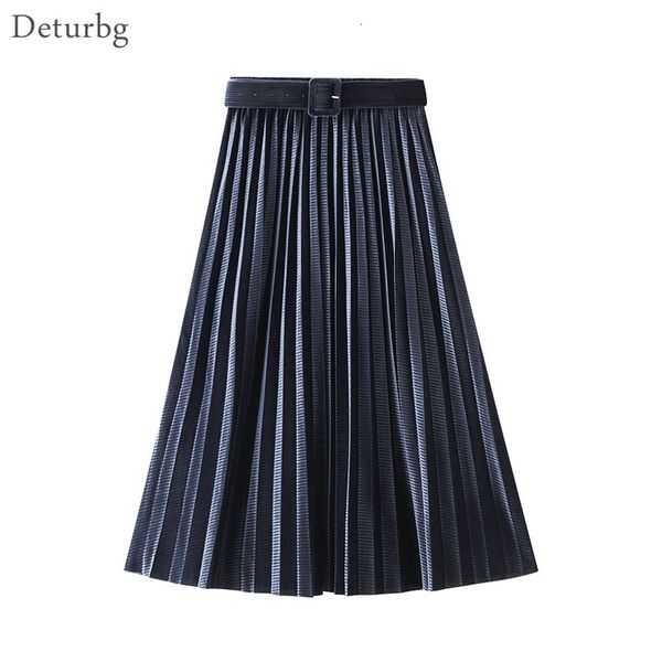 

casual dresses women's elegant corduroy midi skirt with belt korean female high waist pleated thickened slim skirts winter sk, Black;gray