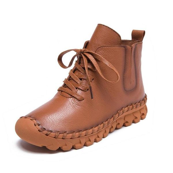 

boots leather shoes women 2021 autumn winter fashion handmade ankle warm soft outdoor casual flat lace-up mujer b999, Black
