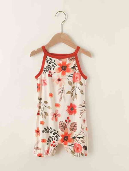 

baby floral print contrast binding cami romper she, Blue