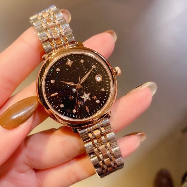 Romantische funkelnde Sternenhimmeluhren Damen Strass Quarz Armbanduhren Damen Edelstahl Geometrisches Sternarmband 28mm Uhr