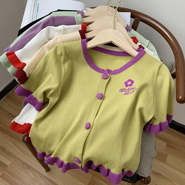

summer girls patched women sweater o neck thin cardigans lady knitting embroideried floral ruffles cardigan outwear crop top, White;black