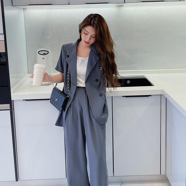 

summer casual black women's office pantsuit short sleeve blazer loose high waist wide leg pants two-piece set female 210514, White;black