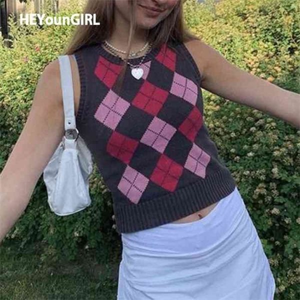 

heyoungirl argyle y2k tank sweater women 90s preppy style casual sleeve knitted crop jumper vintage mini vest autumn fashion, Black;white