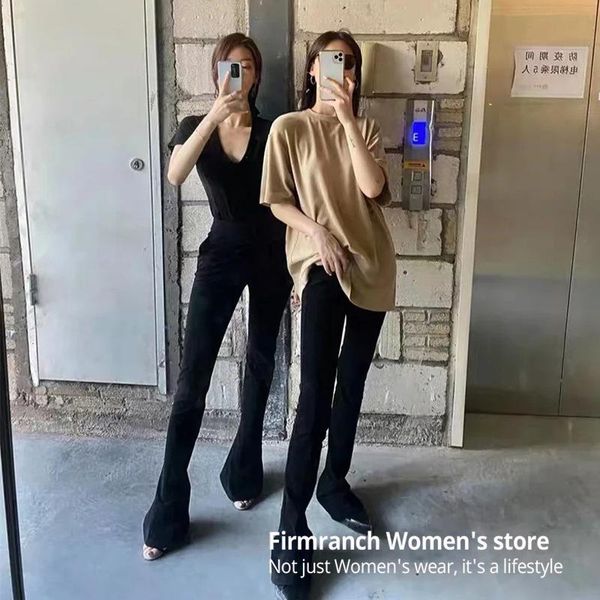 

women's pants & capris firmranch 2021 women black long legs horseshoe strong stretch micro flared high waist street trouser, Black;white