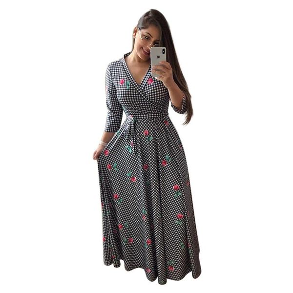 

casual dresses fashion print a-line ankle-length v-neck knitting pullover dress for women plus size donsignet, Black;gray