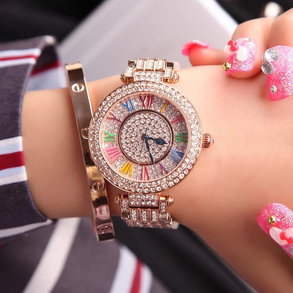 

wristwatches marsally watch female korean fashion full zircon diamond stone dial watchband quartz waterproof roman metal, Slivery;brown