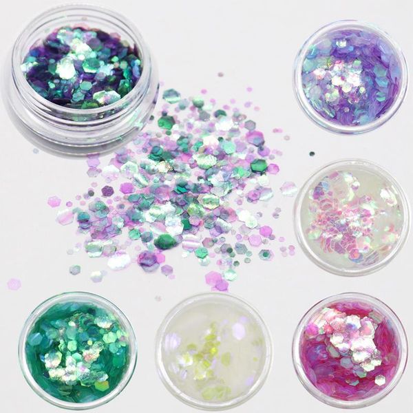 

6boxes hexagon chunky glitter mermaid sequins paillette shiny nail flakes set manicure 3d art decorations1, Silver;gold