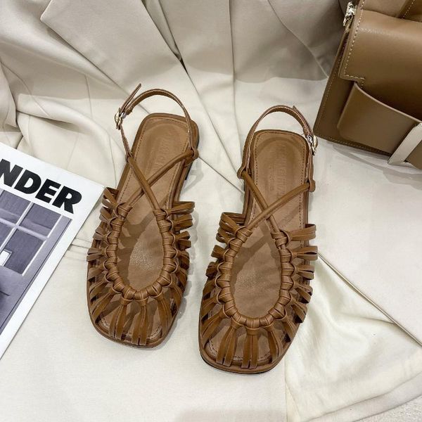 

sandals summer 2021 roman sandal for women flat weave slippers strappy shoes chaussure femme sandalias de las mujeres, Black