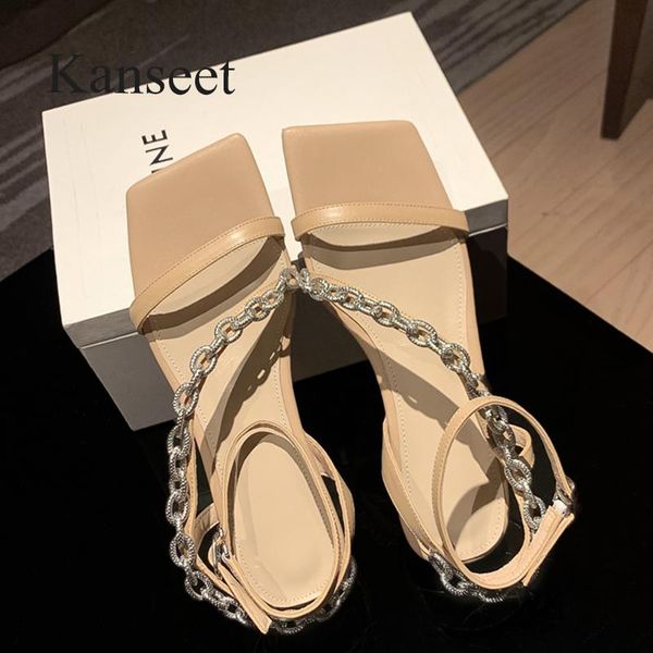 

sandals kanseet 2021 summer square toe women genuine leather metal chain low heels shoes buckle size 40, Black