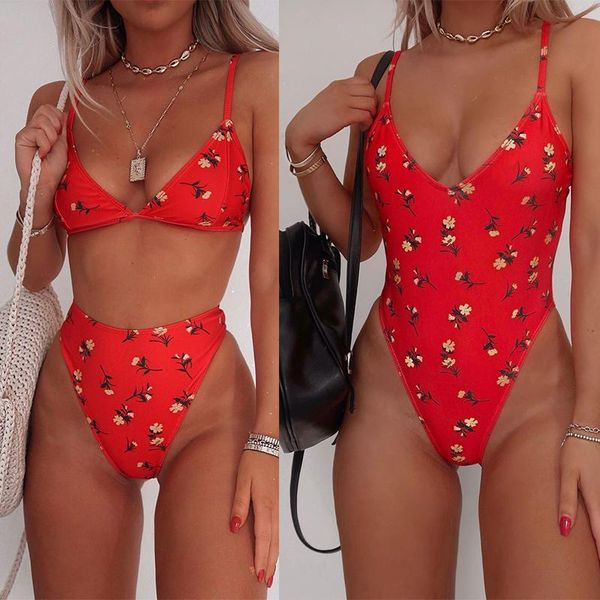

women red print bodysuit lady swimsuit push up string bikini one-piece suits