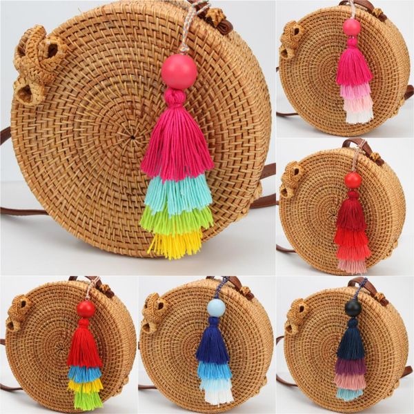 

1pc Summer Jewelry Wood Bead With Rainbow Keychains Colorful Tassel Keyring Women Bag Hanging