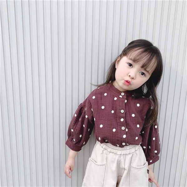 Kızlar Pamuk İplik Yumuşak Nokta Puf Kollu Gömlek Bebek Kız 2 Renkler Rahat Tüm Maç Giyim Tops 210708