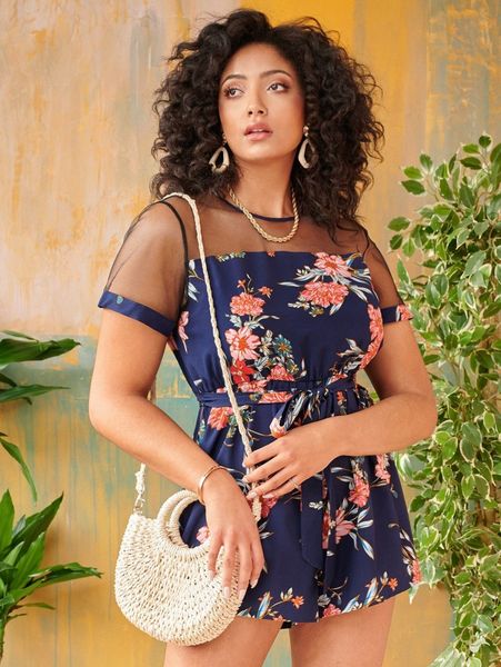 

plus floral print mesh insert belted romper 91py#, Black