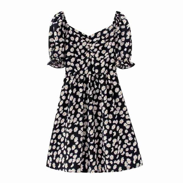 

vintage chic puff sleeve elastic daisy print mini dress fashion women square collar dresses girls outfits vestidos 210531, Black;gray