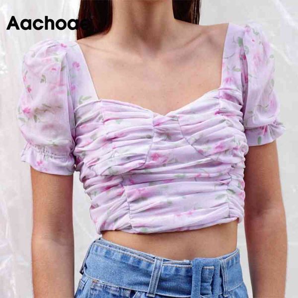 

aachoae floral lace mesh blouse woman butterfly short sleeve chic short shirt female backless pleated stylish ladies blusas 210413, White