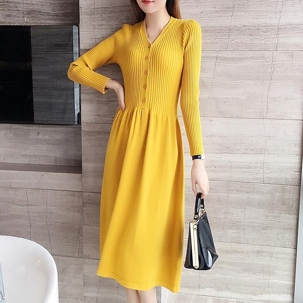 

casual dresses 2021 long sweater dress women autumn winter sleeve a-line bottom elegant slim female jumper knitted, Black;gray
