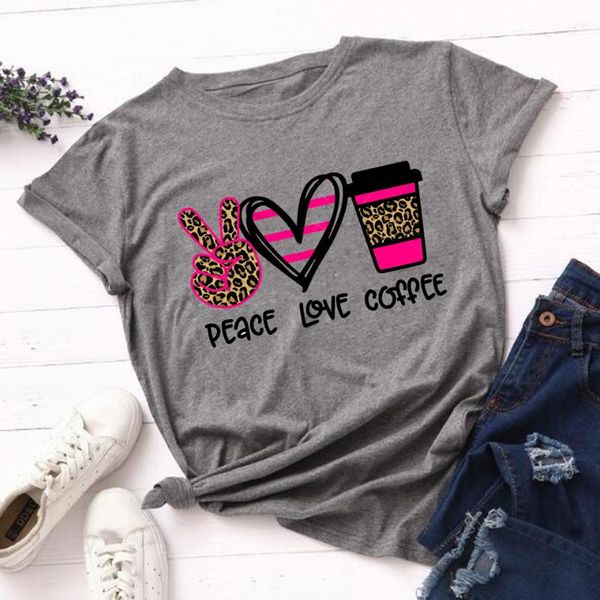 

women's t-shirt fashion woman 2021 tshirt leopard peace love coffee t shirt casual o-neck summer female tee shirts women, White