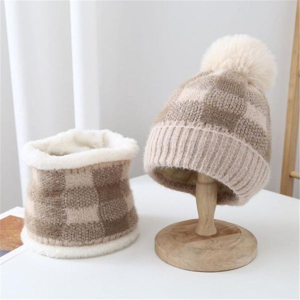 

berets winter women's hat and scarf 2-piece outdoor riding windproof ear protection knitted sweet girls plaid set, Blue;gray