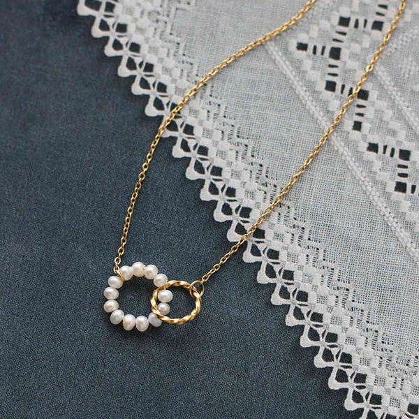 

necklaces titanium with 18 k gold real pearl round link necklace women stainless steel jewelry chic gown sweet boho ol s japan korean, Silver