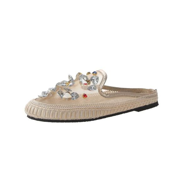 

slippers women's flat shoes women zapatos de mujer fashion rhinestone baotou half casual breathable muller, Black