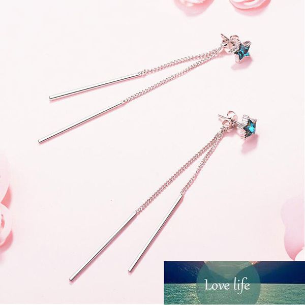 

925 sterling silver fantastic blue star crystal long tassel drop earrings for women party jewely gifts wholesale s-e579, Golden