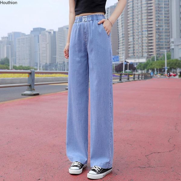 

women's jeans summer mid-rise conventional cool female korean loose elastic waist thin section denim wide legs pants, Blue