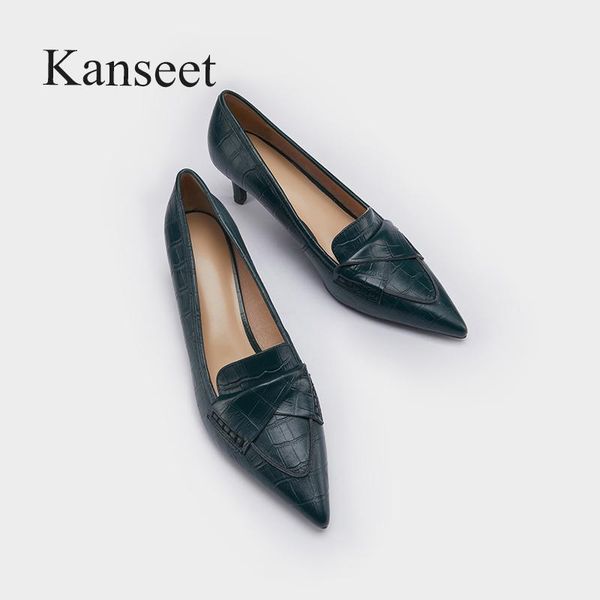 

dress shoes kanseet 2021 woman's pumps spring autumn black green genuine leather pointed toe fashion high heels elegant handmade