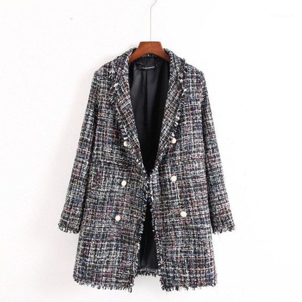 

women's jackets fashion lattice jacket coat women 2021 autumn winter long sleeve pearl buttons office lady female outerwear, Black;brown