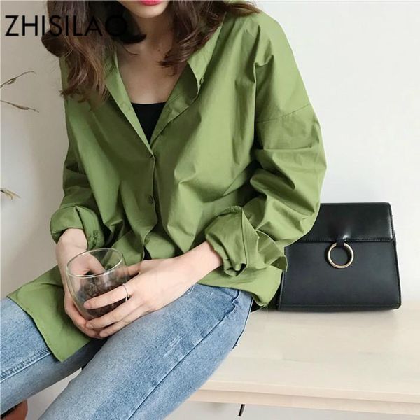 

women's blouses & shirts zhisilao loose vintage shirt women green long sleeve blouse autumn spring solid cotton woman oversize maxi har, White