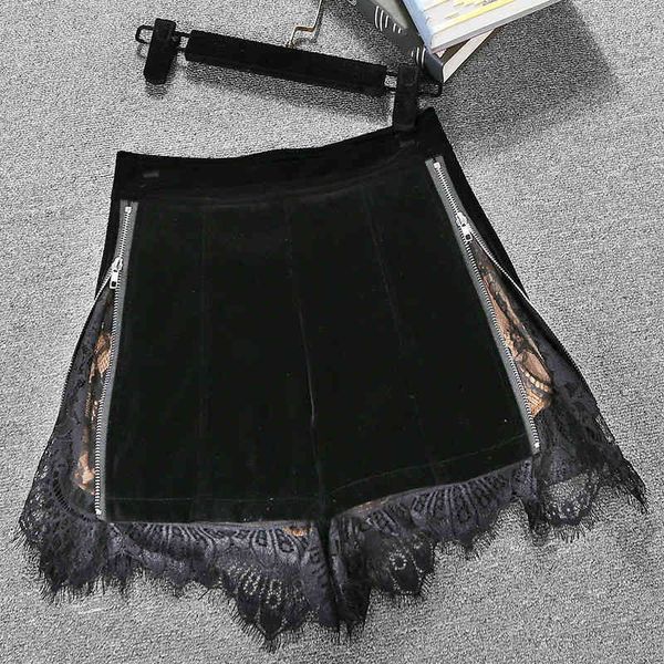 

autumn summer women velvet wide leg shorts black lace edge high waist slim western style a- line rc019 210525, White;black