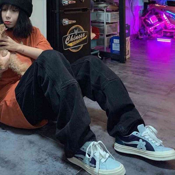 

retro harajuku vintage black street women jeans bf style chic college teens streetwear all-match loose fashion femme trousers, Blue