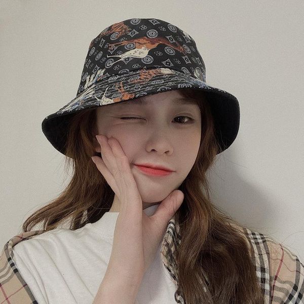 

bucket hat hat female cartoon double-sided fisherman's spring summer leisure sunshade lovers art basin, Blue;gray
