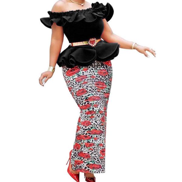 

long african dresses for women dashiki off the shoulder print robe dress africa clothes elastic party maxi ethnic clothing, Red